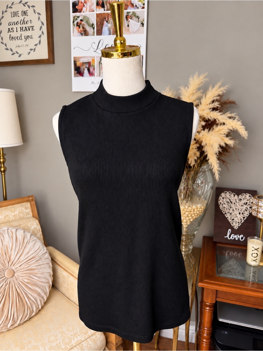 Eileen Fisher Black Ribbed Mock Neck Sleeveless Knit Lagenlook